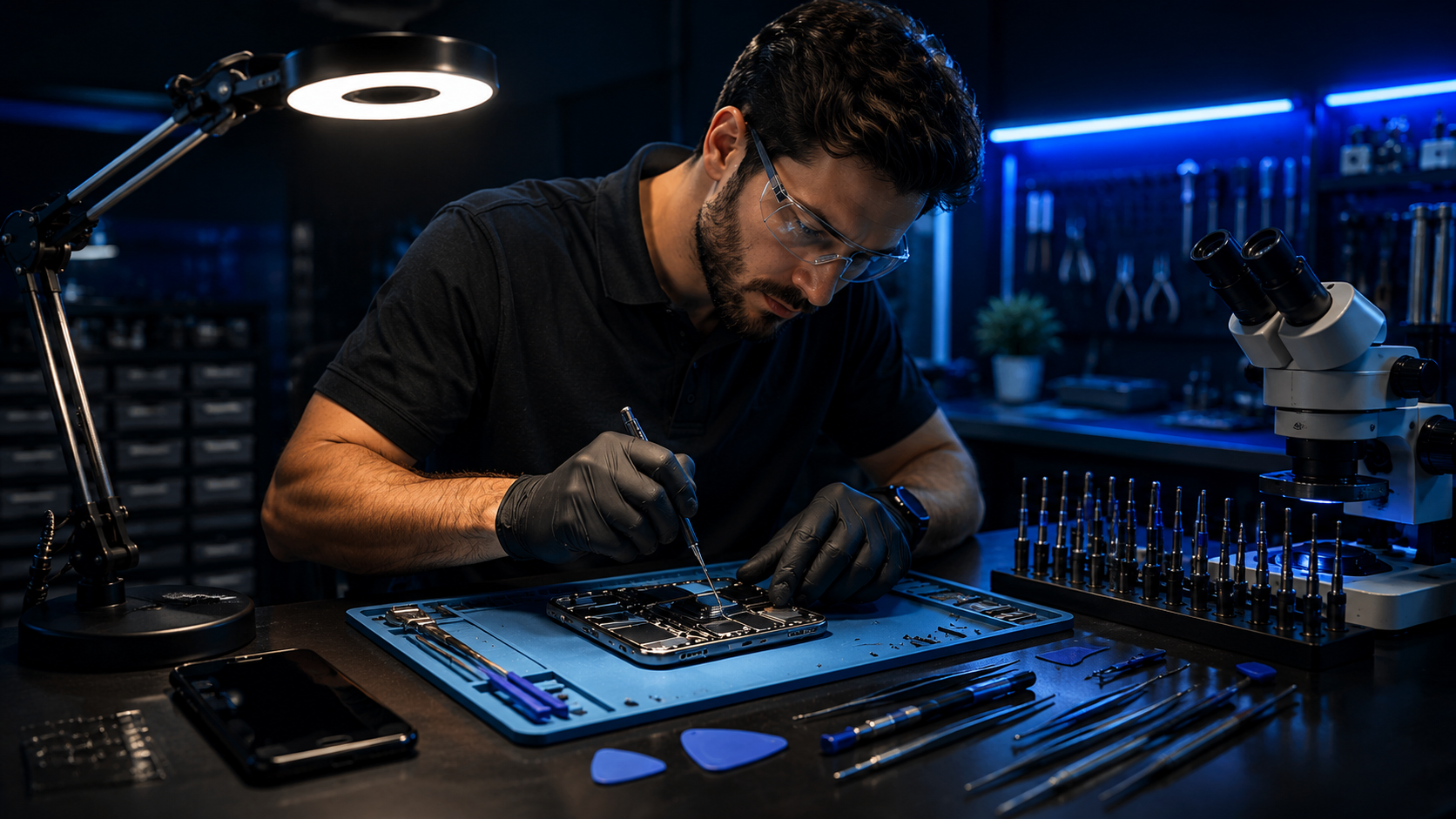 Professional technician repairing a smartphone at a CellBotics workstation